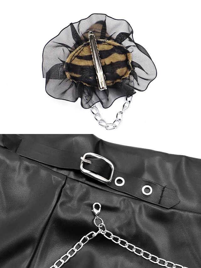 鬼 コスプレ 新年 正月 お化けの日 へそ出し レザー チェーン フレアスカート ガーリー アニマル 4点セットの商品詳細