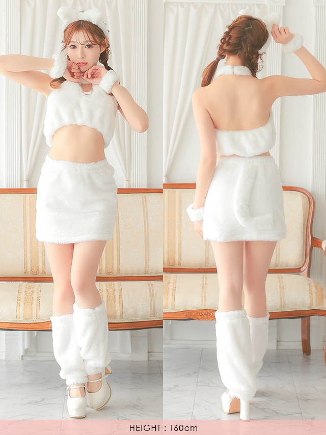 ハロウィンコスプレ 5点set もこもこファー猫セクシーアニマルのフロントバック全身