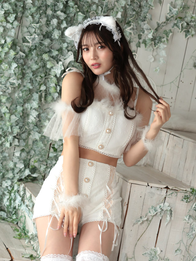 猫 コスプレ ロリータ ガーリー チュールフリル レースアップデザイン アニマル 4点セットのイメージ画像4