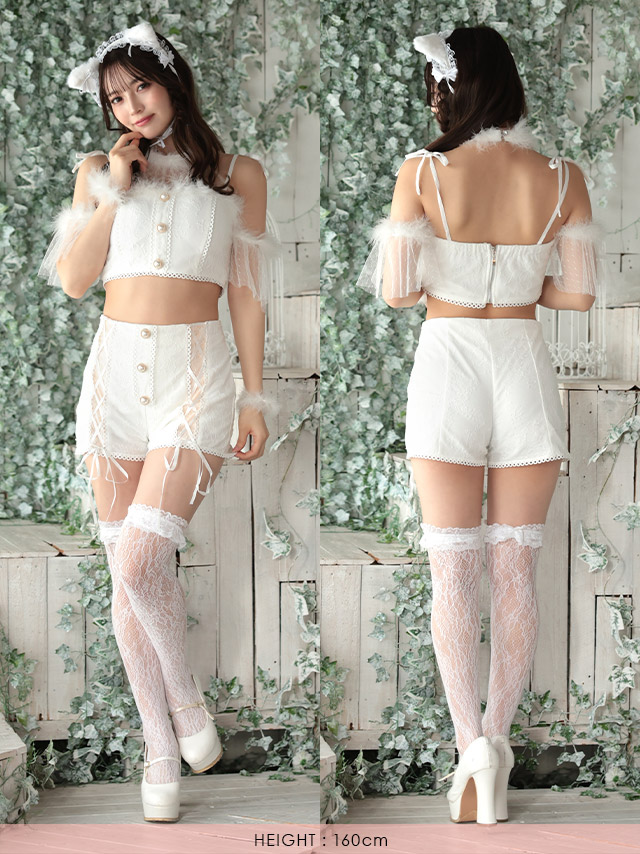 猫 コスプレ ロリータ ガーリー チュールフリル レースアップデザイン アニマル 4点セットのフロントバック全身