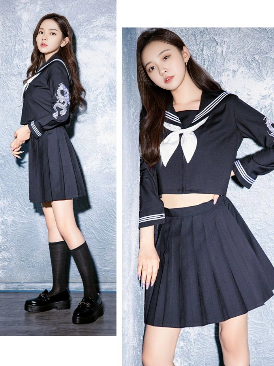 ドラゴン刺繍入りミニセーラー服 ハロウィンコスプレ4点セットのフロントバック全身