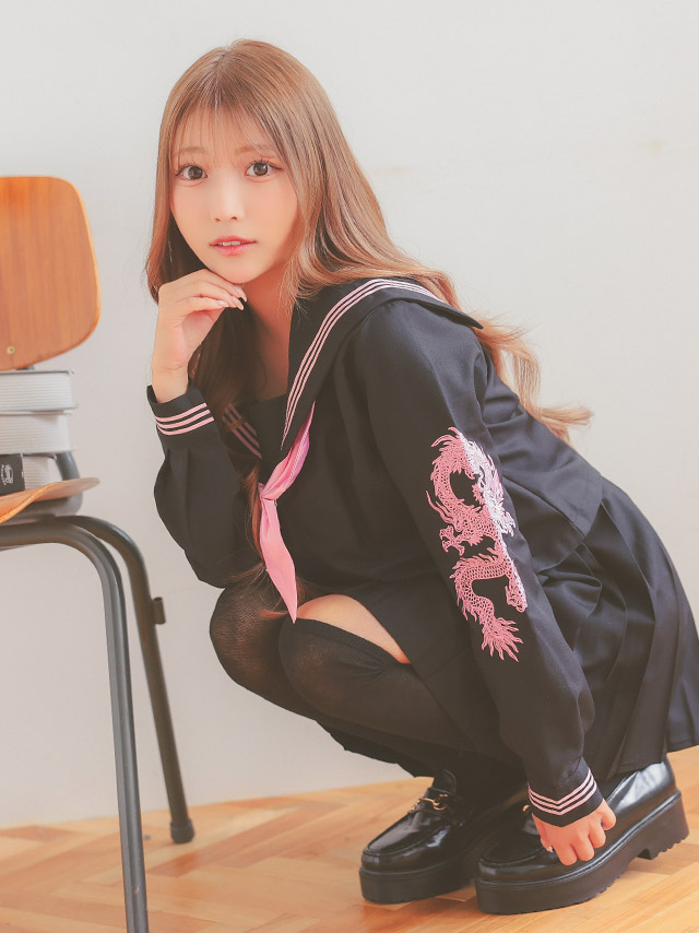 コスプレ スケバン 制服 4点set ドラゴン刺繍 ミニスカート 学生服 (セーラー服上下/スカーフ/ソックス)【ハロウィン】[tk-hwjkminic]のイメージ画像8