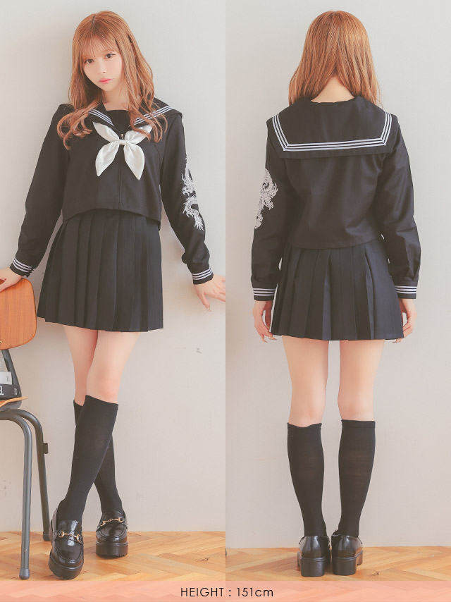 ドラゴン刺繍入り ミニ丈 体型カバー 袖あり プリーツ フレアスカート セーラー服のイメージ画像4