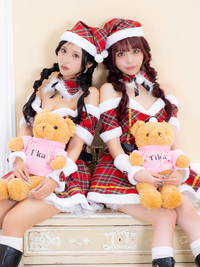 サンタコスプレ 5点set チェック ベルト付き フレアスカート 王道 [ワンピース+サンタ帽子+つけ襟+アームアクセサリー+ベルト]のイメージ画像3