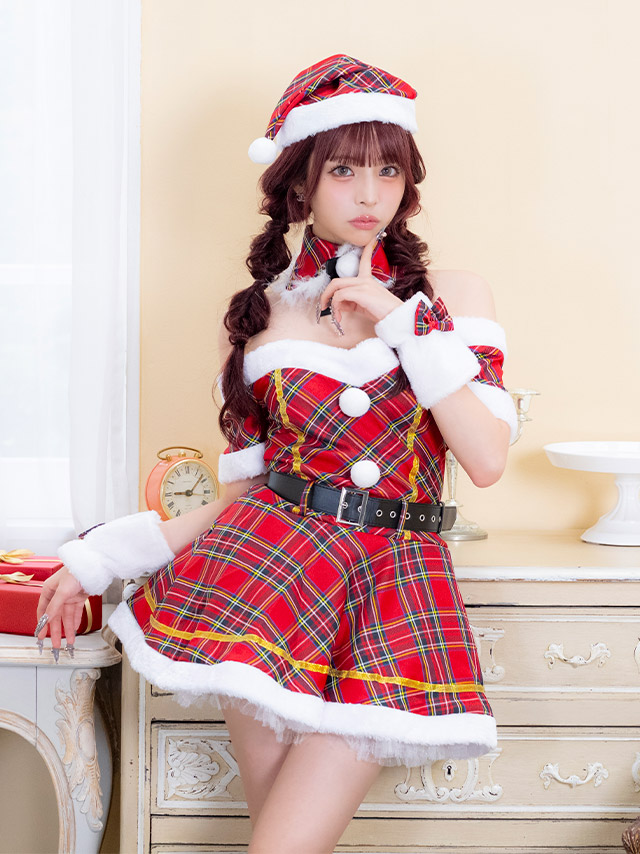 サンタコスプレ 5点set チェック ベルト付き フレアスカート 王道 [ワンピース+サンタ帽子+つけ襟+アームアクセサリー+ベルト]のイメージ画像2