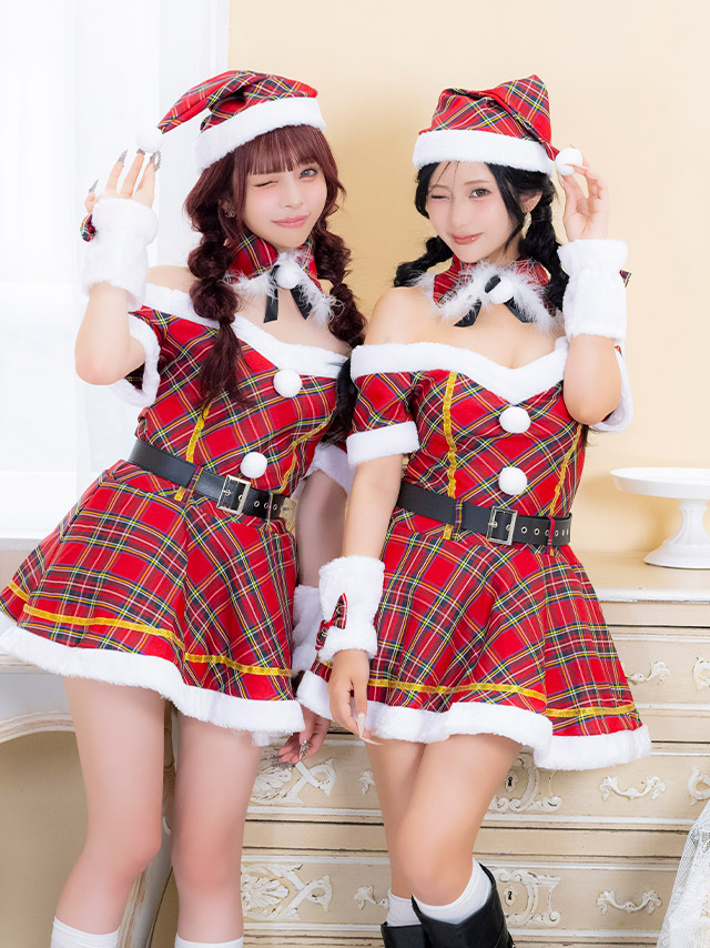 サンタコスプレ 5点set チェック ベルト付き フレアスカート 王道 [ワンピース+サンタ帽子+つけ襟+アームアクセサリー+ベルト]のイメージ画像4