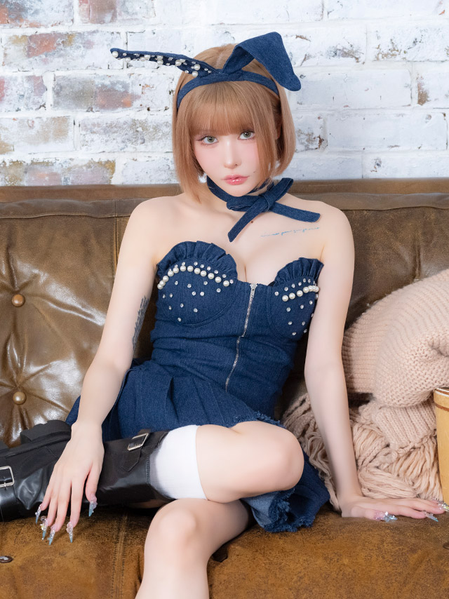 コスプレ バニー 3点set デニム ベア パールビジュー フロントジップ プリーツ フレアスカート ガーリー アニマル (チョーカーリボン/ワンピース/カチューシャ)【ハロウィン】[tk-hw11016-1a]のイメージ画像4