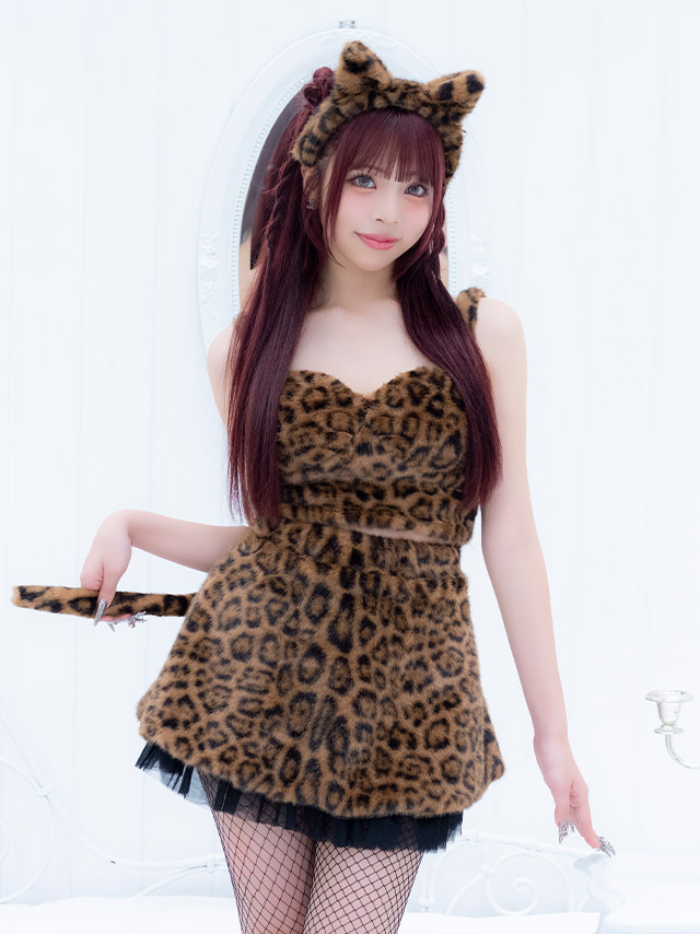 コスプレ 猫 アニマル 4点set ギャル もこもこ レオパード へそ出し チュールフリル (トップス/スカート/カチューシャ/レッグカバー)【ハロウィン】[tk-hw11061-1]のイメージ画像5