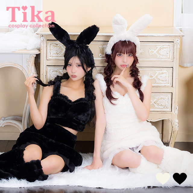 コスプレ バニーガール 5点set もこもこ チュールフリル ガーリー アニマル (トップス/スカート/カチューシャ/リボン/レッグカバー)【ハロウィン】[tk-hw11061a]のメイン画像