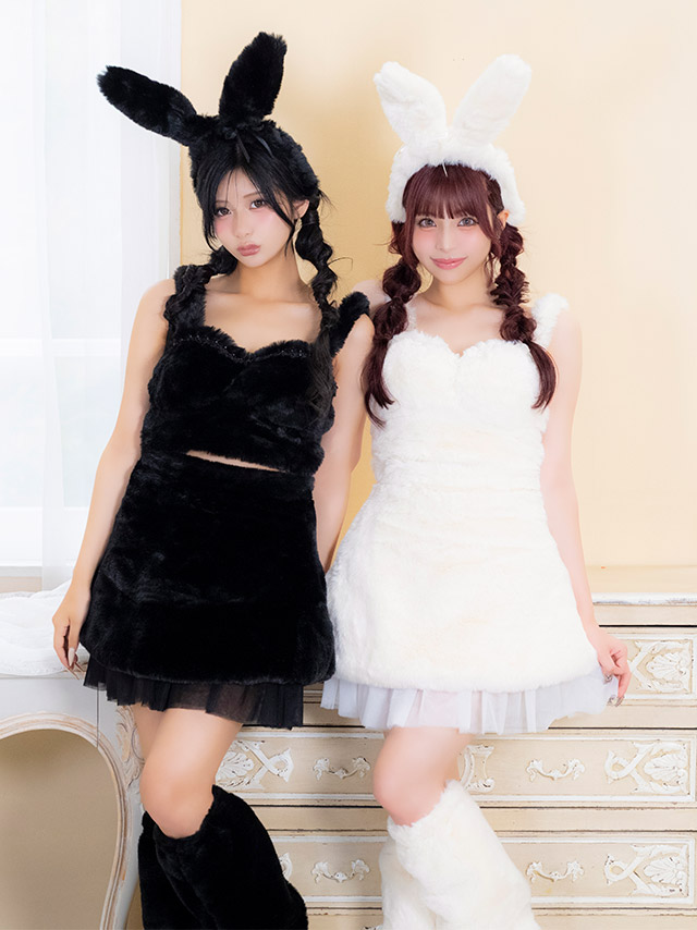 コスプレ バニーガール 5点set もこもこ チュールフリル ガーリー アニマル (トップス/スカート/カチューシャ/リボン/レッグカバー)【ハロウィン】[tk-hw11061a]のイメージ画像1
