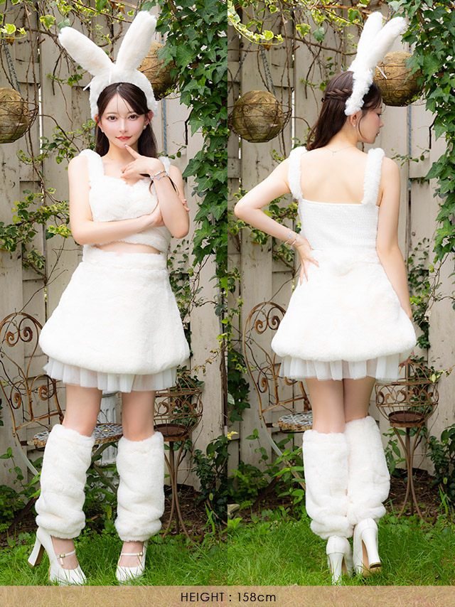 コスプレ バニーガール 6点set Y2K もこもこ ベルトデザイン へそ出し アニマル (トップス/パンツ/カチューシャ/チョーカー/ストラップ付きハトメベルト/レッグウォーマー)【ハロウィン】[tk-hwjj94574]のホワイトフロントバック全身