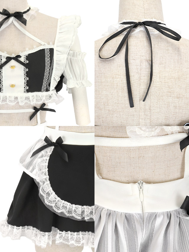 コスプレ メイド 5点set ランジェリー風 ラブリー フリル リボン へそ出し ガーリー (トップス/スカート/カチューシャ/カフス/ガーターリング)【ハロウィン】[tk-hw2088]の詳細アップ