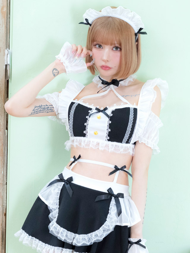 コスプレ メイド 5点set ランジェリー風 ラブリー フリル リボン へそ出し ガーリー (トップス/スカート/カチューシャ/カフス/ガーターリング)【ハロウィン】[tk-hw2088a]のイメージ画像1