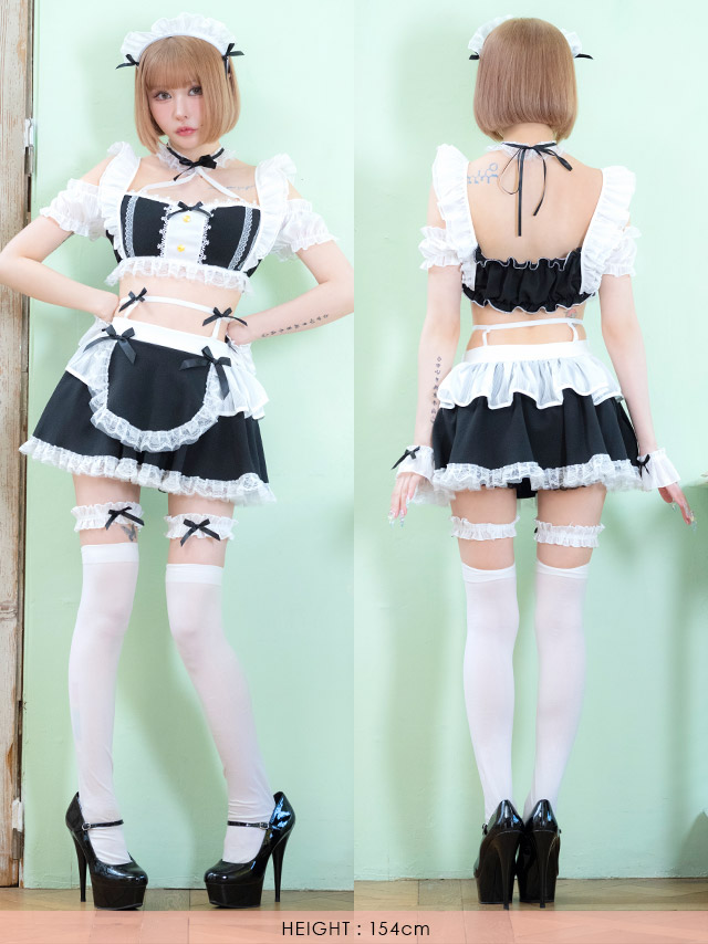 コスプレ メイド 5点set ランジェリー風 ラブリー フリル リボン へそ出し ガーリー (トップス/スカート/カチューシャ/カフス/ガーターリング)【ハロウィン】[tk-hw2088]のフロントバック全身