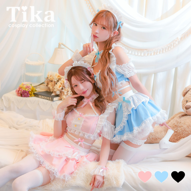 コスプレ メイド 5点set ランジェリー風 ラブリー フリル リボン へそ出し ガーリー (トップス/スカート/カチューシャ/カフス/ガーターリング)【ハロウィン】[tk-hw2088b]のメイン画像