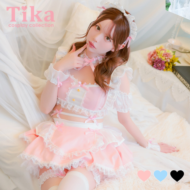 コスプレ メイド 5点set ランジェリー風 ラブリー フリル リボン へそ出し ガーリー (トップス/スカート/カチューシャ/カフス/ガーターリング)【ハロウィン】[tk-hw2088b]のメイン画像
