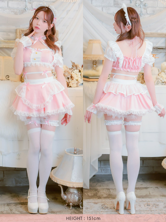 コスプレ メイド 5点set ランジェリー風 ラブリー フリル リボン へそ出し ガーリー (トップス/スカート/カチューシャ/カフス/ガーターリング)【ハロウィン】[tk-hw2088b]のフロントバック全身