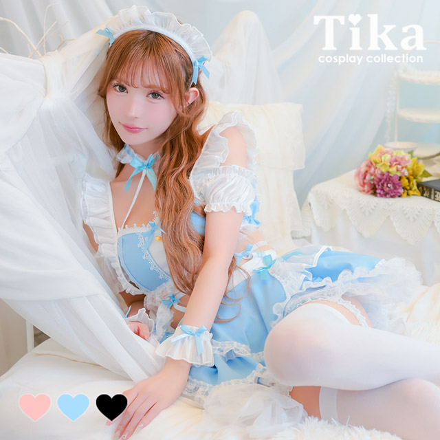 コスプレ メイド 5点set ランジェリー風 ラブリー フリル リボン へそ出し ガーリー (トップス/スカート/カチューシャ/カフス/ガーターリング)【ハロウィン】[tk-hw2088d]のメイン画像