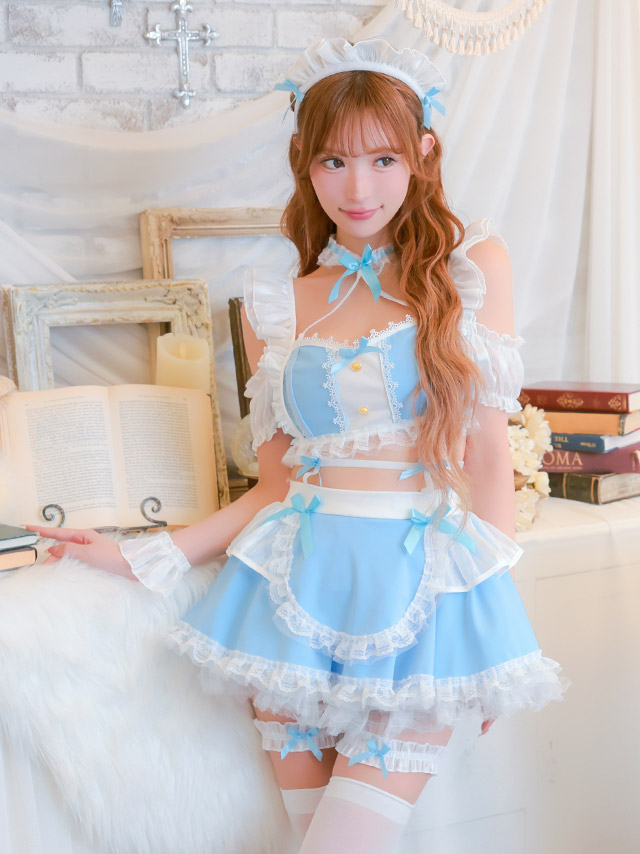 コスプレ メイド 5点set ランジェリー風 ラブリー フリル リボン へそ出し ガーリー (トップス/スカート/カチューシャ/カフス/ガーターリング)【ハロウィン】[tk-hw2088d]のイメージ画像1