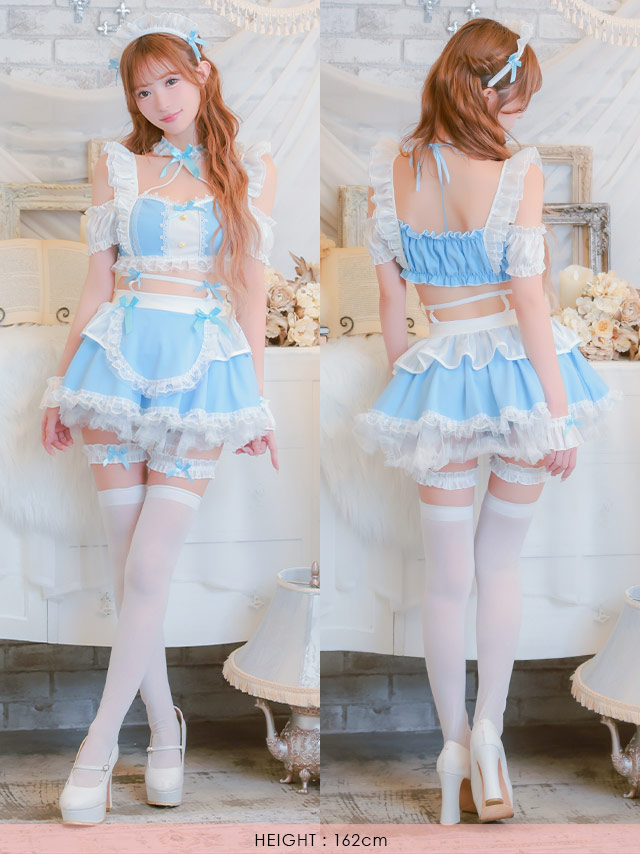 コスプレ メイド 5点set ランジェリー風 ラブリー フリル リボン へそ出し ガーリー (トップス/スカート/カチューシャ/カフス/ガーターリング)【ハロウィン】[tk-hw2088b]のイメージ画像4