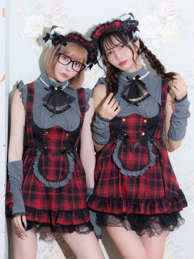 コスプレ 猫 4点set 体型カバー メイド 制服 リボンタイ タータンチェック柄 フレアスカート クラシカル ガーリー アニマル 7点セット (ワンピース/カチューシャ/猫耳/アームカバー)【ハロウィン】[tk-hw2089]のイメージ画像1