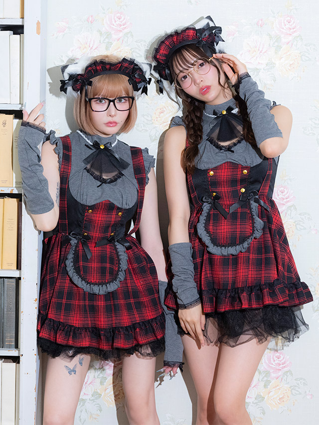 コスプレ 猫 4点set 体型カバー メイド 制服 リボンタイ タータンチェック柄 フレアスカート クラシカル ガーリー アニマル 7点セット (ワンピース/カチューシャ/猫耳/アームカバー)【ハロウィン】[tk-hw2089]のイメージ画像2
