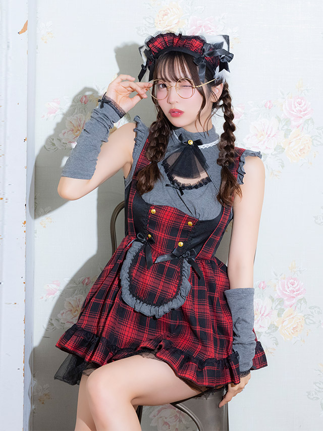 コスプレ 猫 4点set 体型カバー メイド 制服 リボンタイ タータンチェック柄 フレアスカート クラシカル ガーリー アニマル 7点セット (ワンピース/カチューシャ/猫耳/アームカバー)【ハロウィン】[tk-hw2089]のイメージ画像4