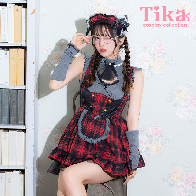 コスプレ 猫 4点set 体型カバー メイド 制服 リボンタイ タータンチェック柄 フレアスカート クラシカル ガーリー アニマル 7点セット (ワンピース/カチューシャ/猫耳/アームカバー)【ハロウィン】[tk-hw2089a]のメイン画像