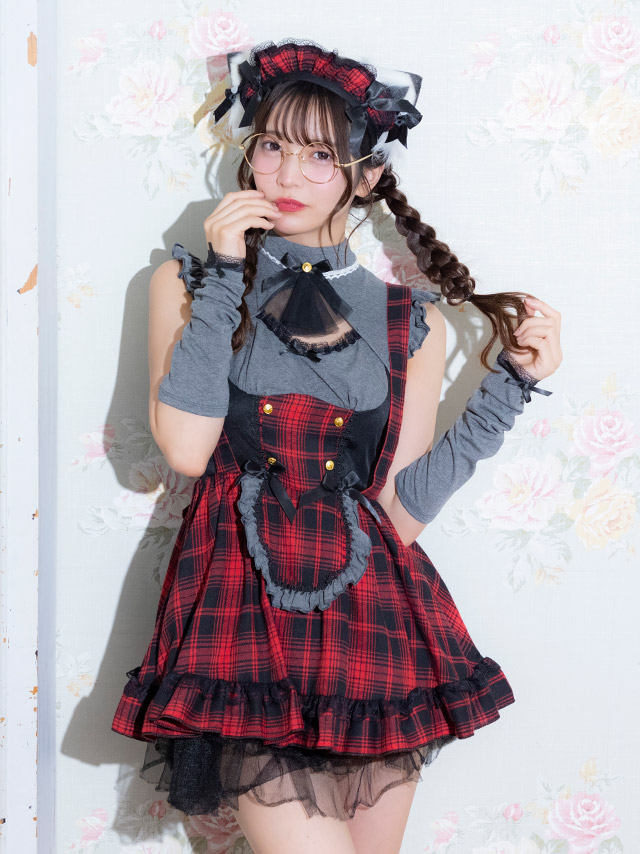 コスプレ 猫 4点set 体型カバー メイド 制服 リボンタイ タータンチェック柄 フレアスカート クラシカル ガーリー アニマル 7点セット (ワンピース/カチューシャ/猫耳/アームカバー)【ハロウィン】[tk-hw2089]のイメージ画像4