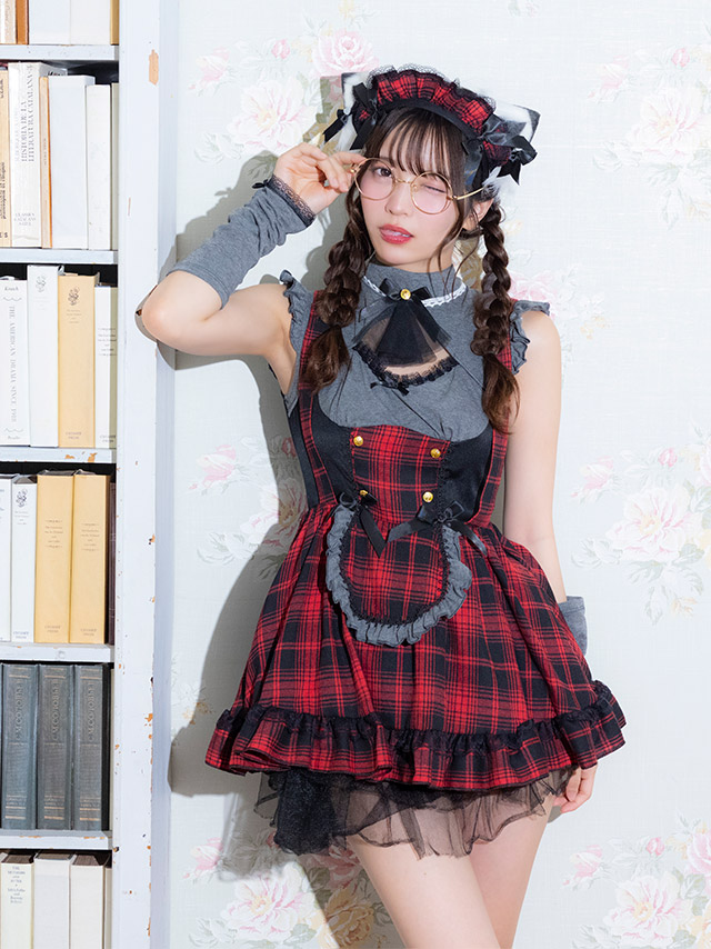 コスプレ 猫 4点set 体型カバー メイド 制服 リボンタイ タータンチェック柄 フレアスカート クラシカル ガーリー アニマル 7点セット (ワンピース/カチューシャ/猫耳/アームカバー)【ハロウィン】[tk-hw2089a]のイメージ画像2