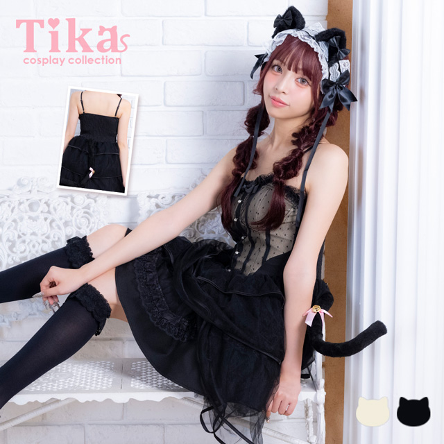 コスプレ 猫 3点set ドットチュール リボン ガーリー フィッシュテール フレアスカート ロリーター アニマル (ワンピース/ヘッドドレス/しっぽ)【ハロウィン】[tk-hw2358b]のメイン画像