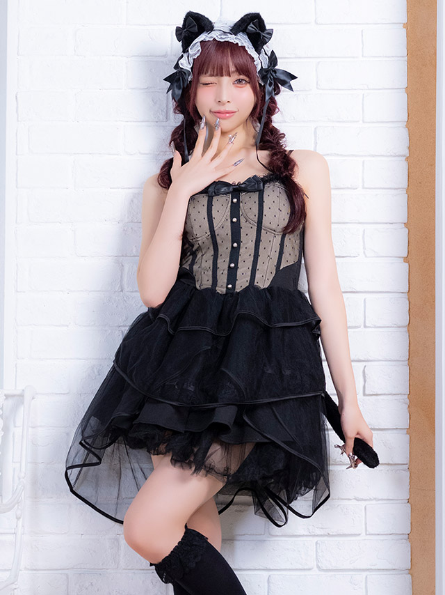 コスプレ 猫 3点set ドットチュール リボン ガーリー フィッシュテール フレアスカート ロリーター アニマル (ワンピース/ヘッドドレス/しっぽ)【ハロウィン】[tk-hw2358a]のイメージ画像1