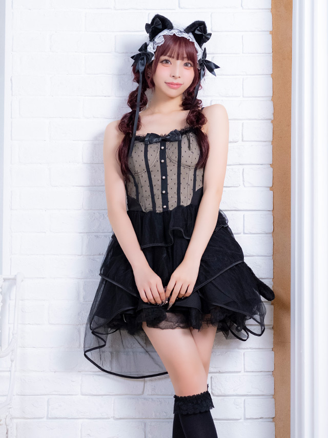 コスプレ 猫 3点set ドットチュール リボン ガーリー フィッシュテール フレアスカート ロリーター アニマル (ワンピース/ヘッドドレス/しっぽ)【ハロウィン】[tk-hw2358b]のイメージ画像3