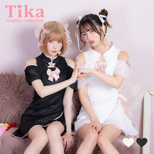 コスプレ チャイナ服 1点set 体型カバー ジャガード風 リボン パイピング シアーフリル ガーリー [1点セット] (ワンピース)【ハロウィン】[tk-hw25103]のメイン画像