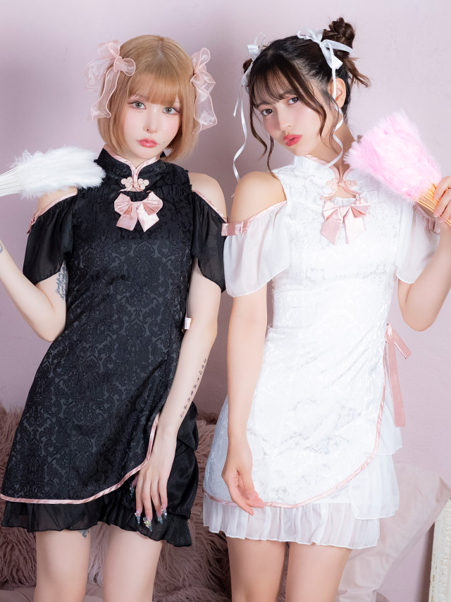 コスプレ チャイナ服 1点set 体型カバー ジャガード風 リボン パイピング シアーフリル ガーリー [1点セット] (ワンピース)【ハロウィン】[tk-hw25103]のイメージ画像2