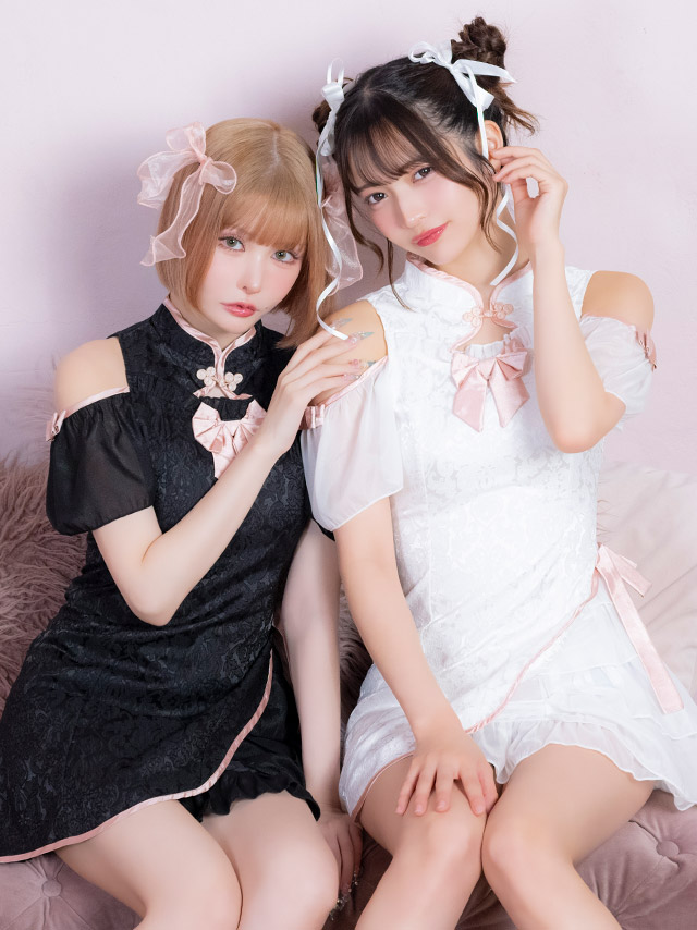 コスプレ チャイナ服 1点set 体型カバー ジャガード風 リボン パイピング シアーフリル ガーリー [1点セット] (ワンピース)【ハロウィン】[tk-hw25103]のイメージ画像4