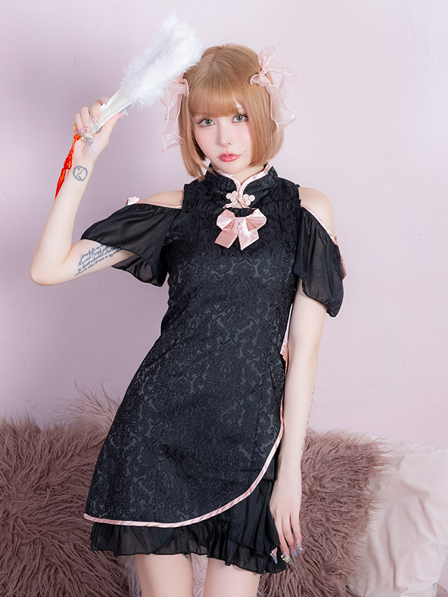 コスプレ チャイナ服 1点set 体型カバー ジャガード風 リボン パイピング シアーフリル ガーリー [1点セット] (ワンピース)【ハロウィン】[tk-hw25103]のイメージ画像3