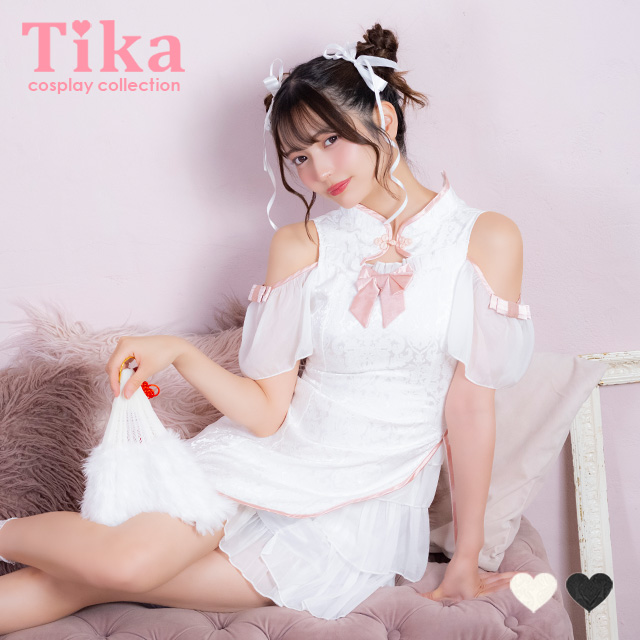 コスプレ チャイナ服 1点set 体型カバー ジャガード風 リボン パイピング シアーフリル ガーリー [1点セット] (ワンピース)【ハロウィン】[tk-hw25103a]のメイン画像