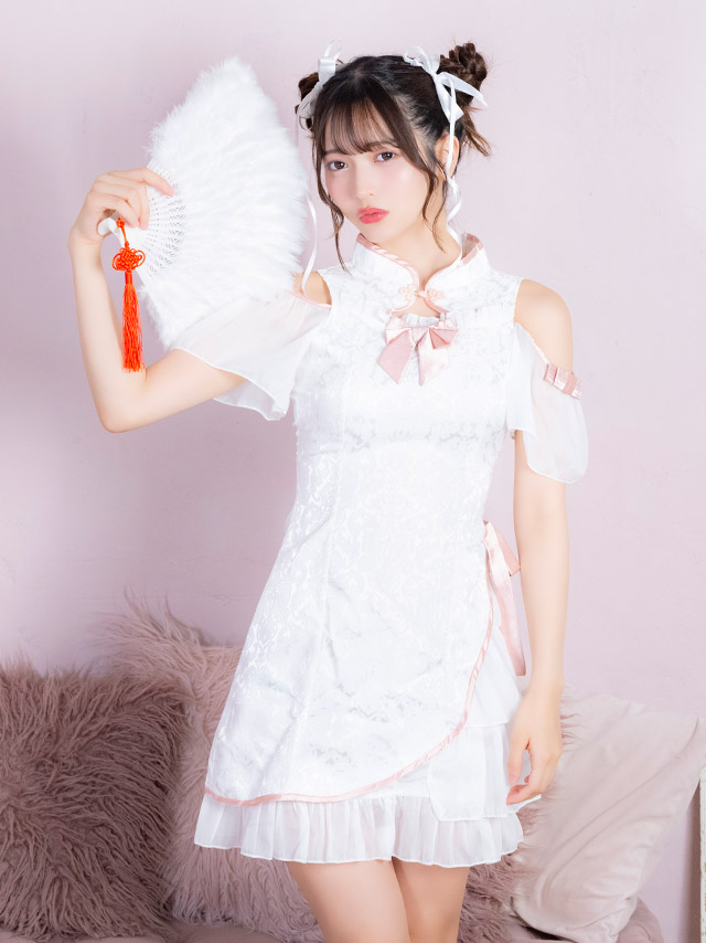 コスプレ チャイナ服 1点set 体型カバー ジャガード風 リボン パイピング シアーフリル ガーリー [1点セット] (ワンピース)【ハロウィン】[tk-hw25103a]のイメージ画像3