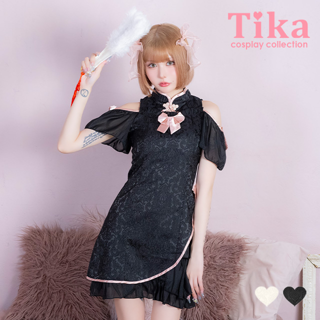 コスプレ チャイナ服 1点set 体型カバー ジャガード風 リボン パイピング シアーフリル ガーリー [1点セット] (ワンピース)【ハロウィン】[tk-hw25103b]のメイン画像