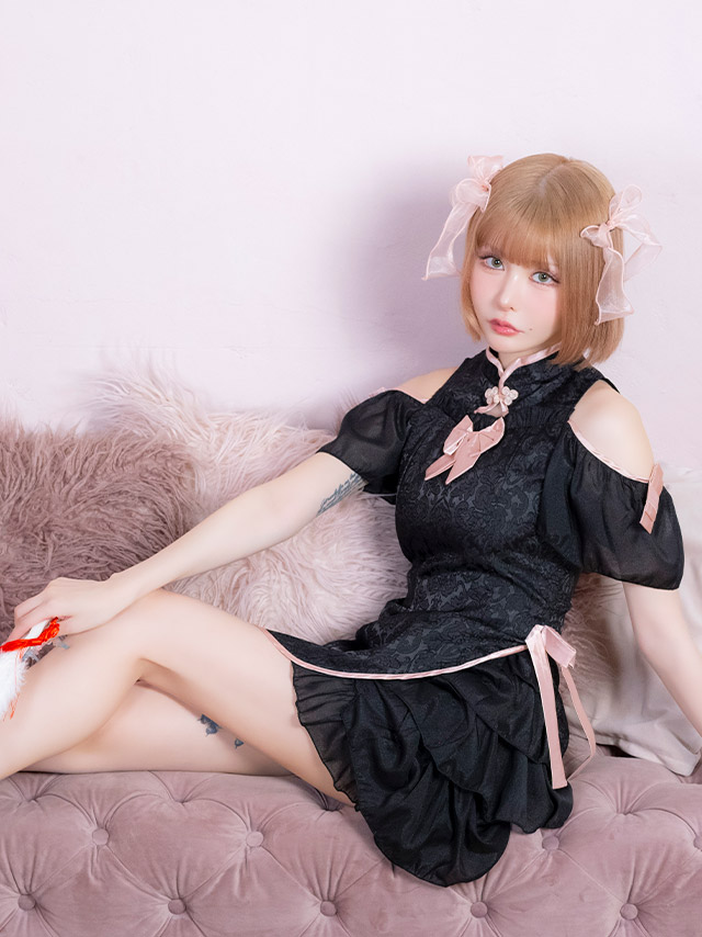 コスプレ チャイナ服 1点set 体型カバー ジャガード風 リボン パイピング シアーフリル ガーリー [1点セット] (ワンピース)【ハロウィン】[tk-hw25103b]のイメージ画像3