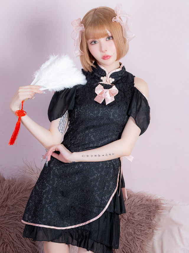 コスプレ チャイナ服 1点set 体型カバー ジャガード風 リボン パイピング シアーフリル ガーリー [1点セット] (ワンピース)【ハロウィン】[tk-hw25103b]のイメージ画像4