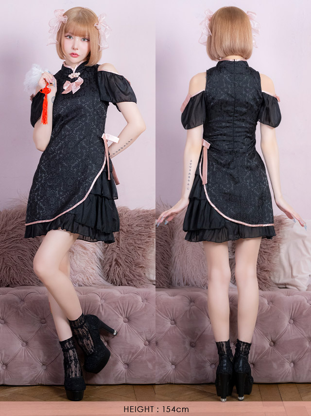 コスプレ チャイナ服 1点set 体型カバー ジャガード風 リボン パイピング シアーフリル ガーリー [1点セット] (ワンピース)【ハロウィン】[tk-hw25103]のイメージ画像4
