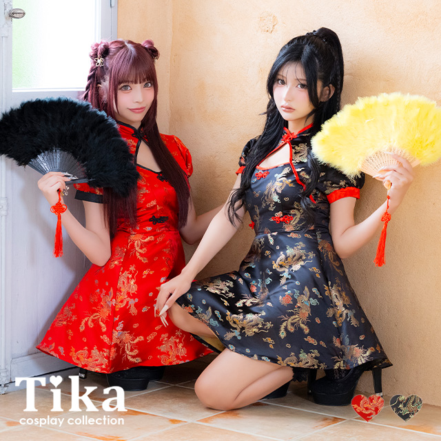 コスプレ チャイナ服 1点set 体型カバー ジャガード風 カットアウト パイピング [1点セット] (ワンピース)【ハロウィン】[tk-hw25107]のメイン画像