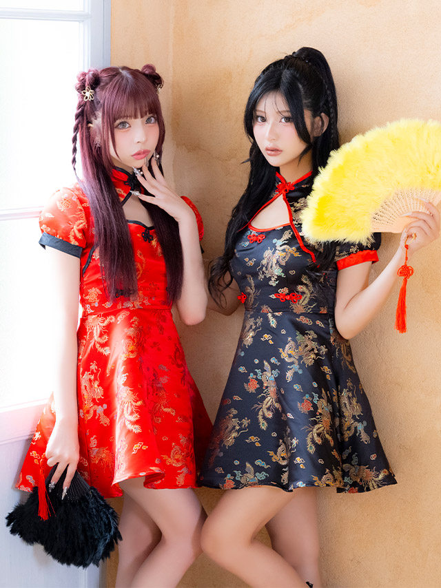 コスプレ チャイナ服 1点set 体型カバー ジャガード風 カットアウト パイピング [1点セット] (ワンピース)【ハロウィン】[tk-hw25107]のイメージ画像2