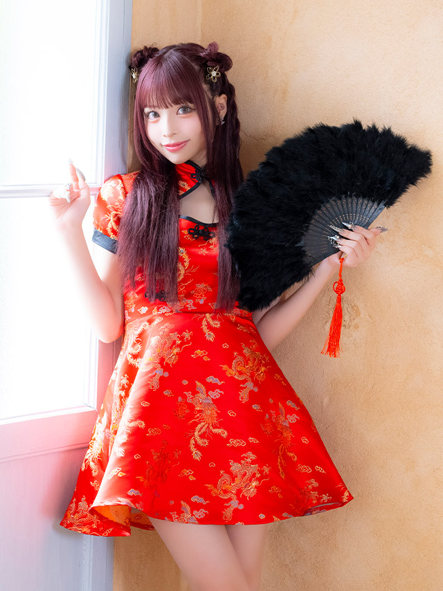 コスプレ チャイナ服 1点set 体型カバー ジャガード風 カットアウト パイピング [1点セット] (ワンピース)【ハロウィン】[tk-hw25107]のイメージ画像2