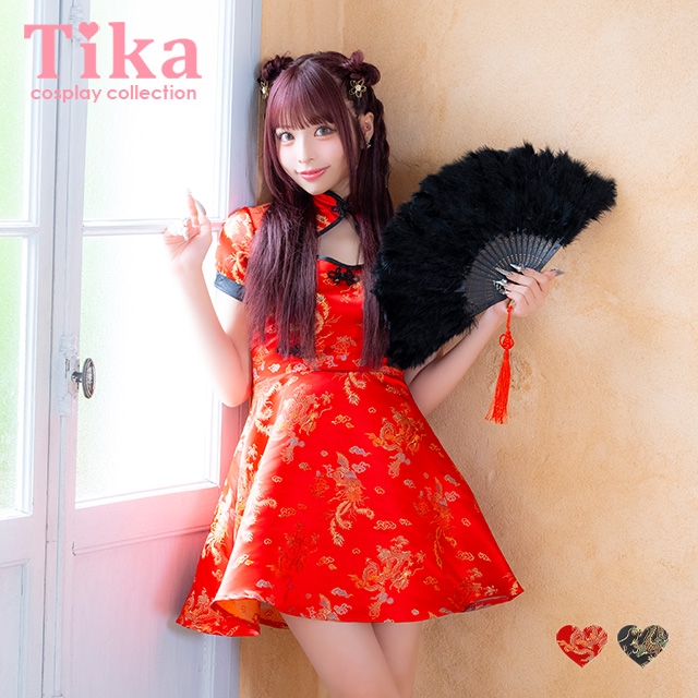 コスプレ チャイナ服 1点set 体型カバー ジャガード風 カットアウト パイピング [1点セット] (ワンピース)【ハロウィン】[tk-hw25107]のメイン画像