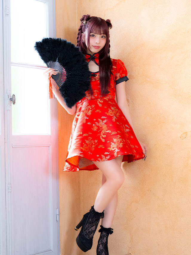 コスプレ チャイナ服 1点set 体型カバー ジャガード風 カットアウト パイピング [1点セット] (ワンピース)【ハロウィン】[tk-hw25107]のイメージ画像3