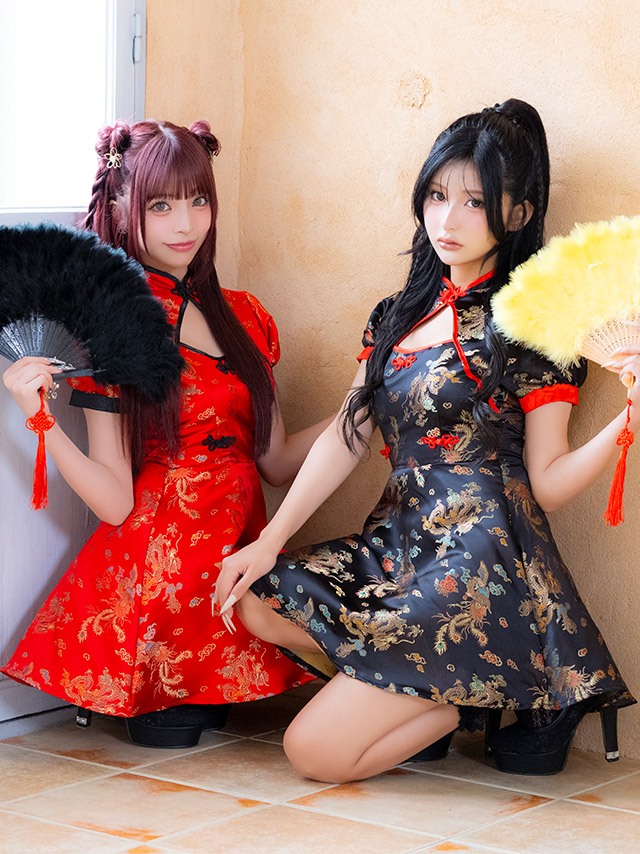 コスプレ チャイナ服 1点set 体型カバー ジャガード風 カットアウト パイピング [1点セット] (ワンピース)【ハロウィン】[tk-hw25107]のイメージ画像2