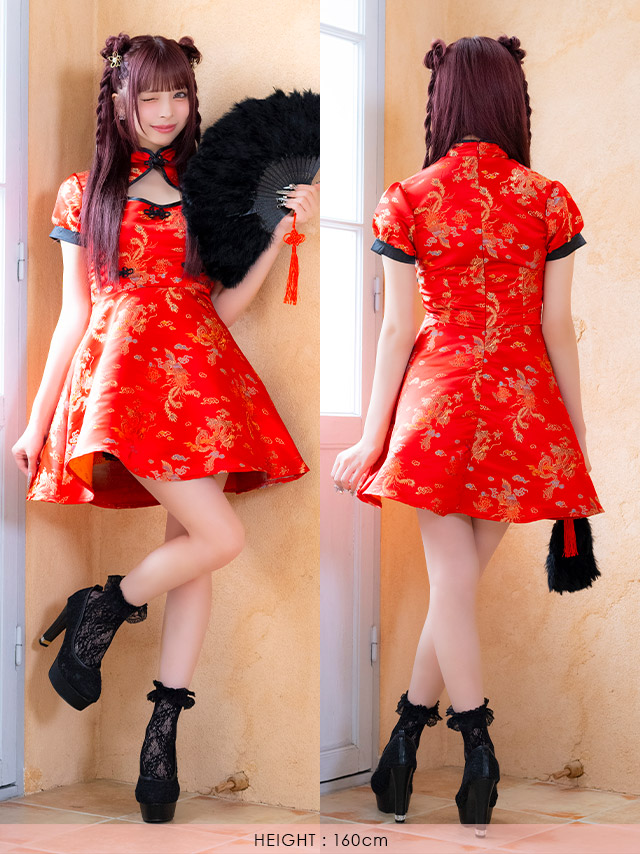 コスプレ チャイナ服 1点set 体型カバー ジャガード風 カットアウト パイピング [1点セット] (ワンピース)【ハロウィン】[tk-hw25107]のイメージ画像4